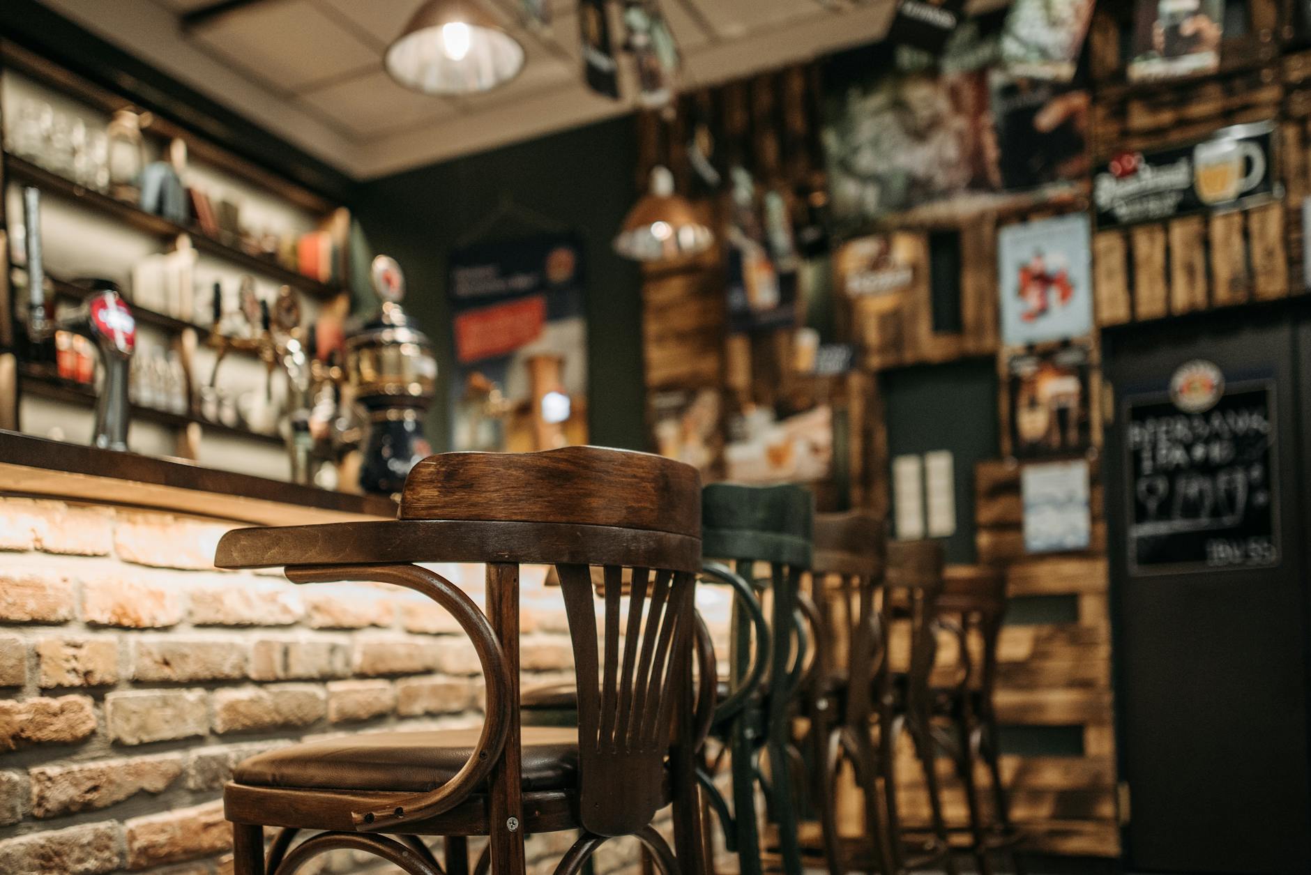 A cozy, rustic neighborhood pub interior