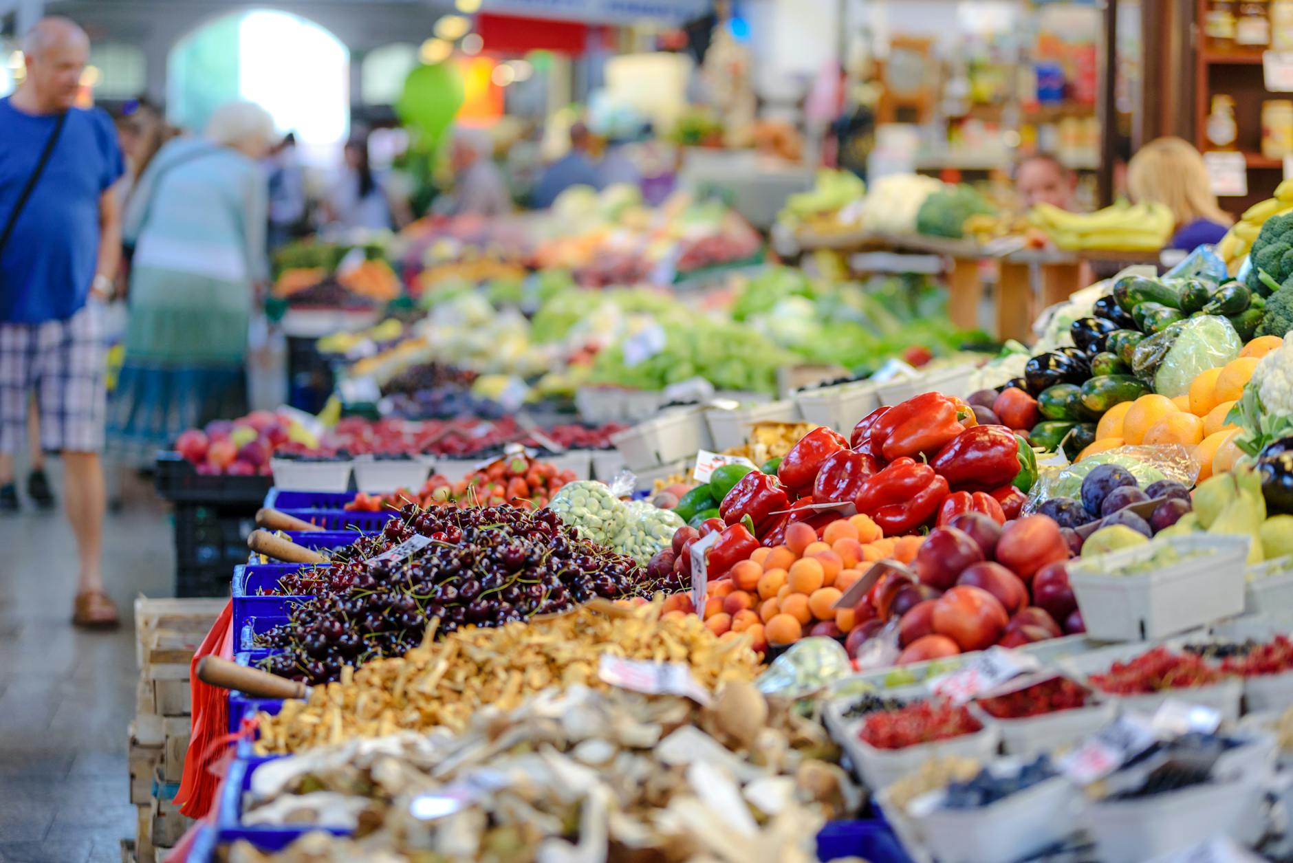 Fresh fruits and vegetables at an outdoor farmers market