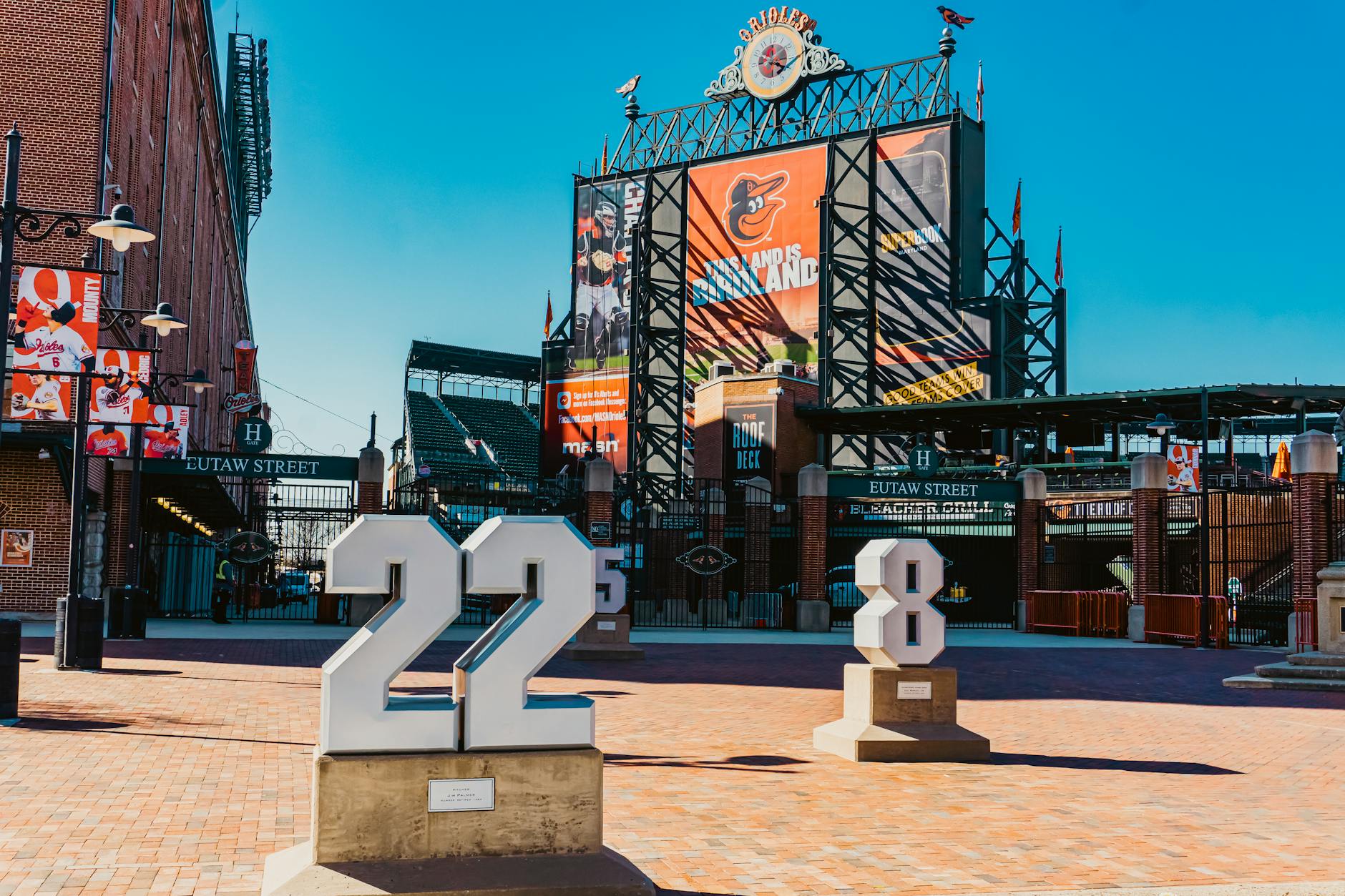 The entrance to a baseball ballpark with team signage