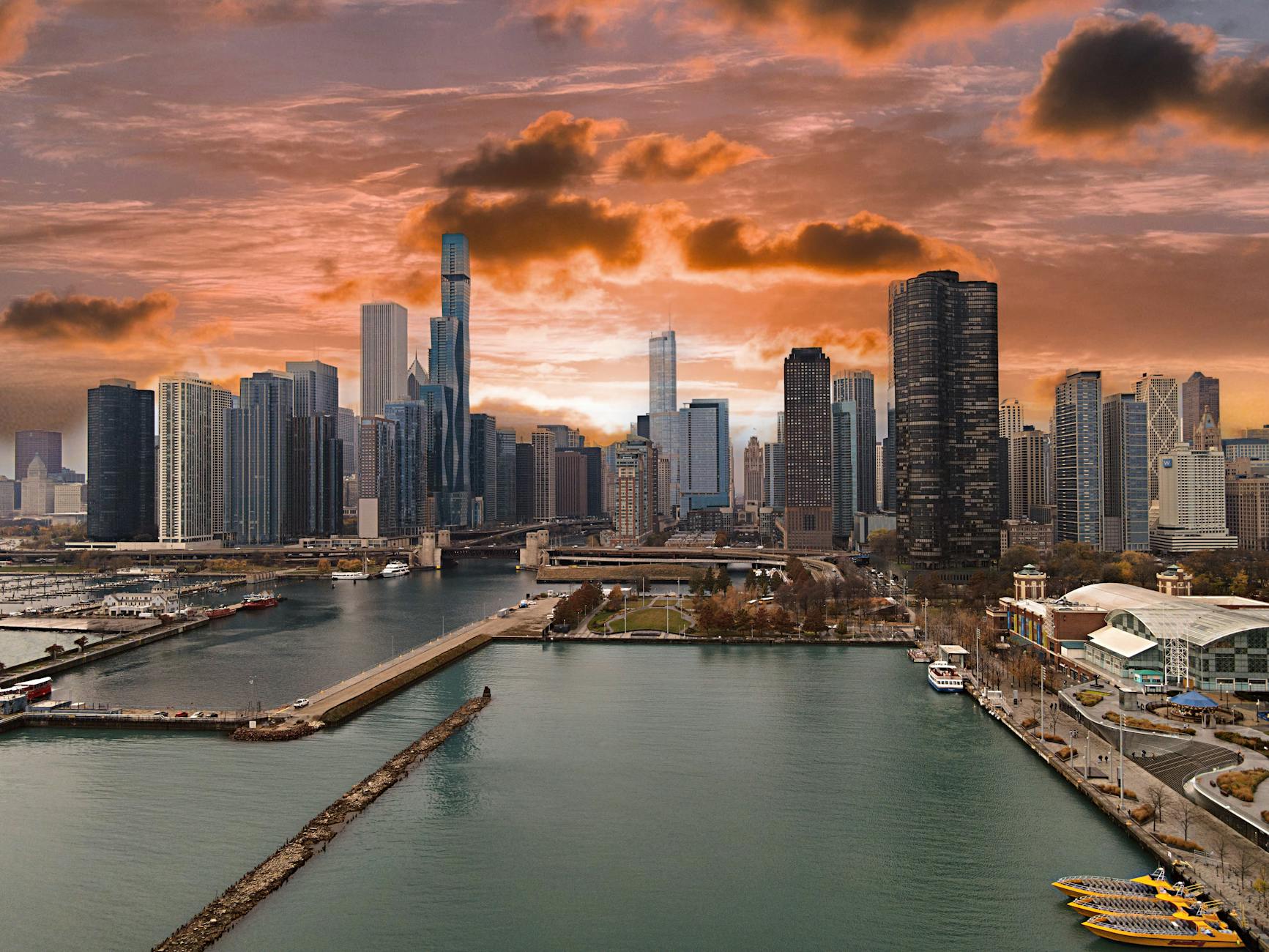 Aerial view of the Chicago skyline at sunset along the lakefront