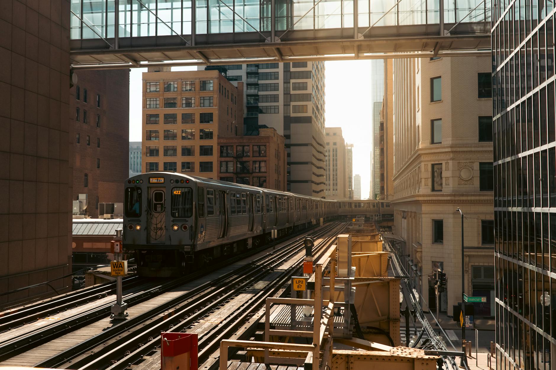 The Chicago L elevated train running through the Loop among skyscrapers