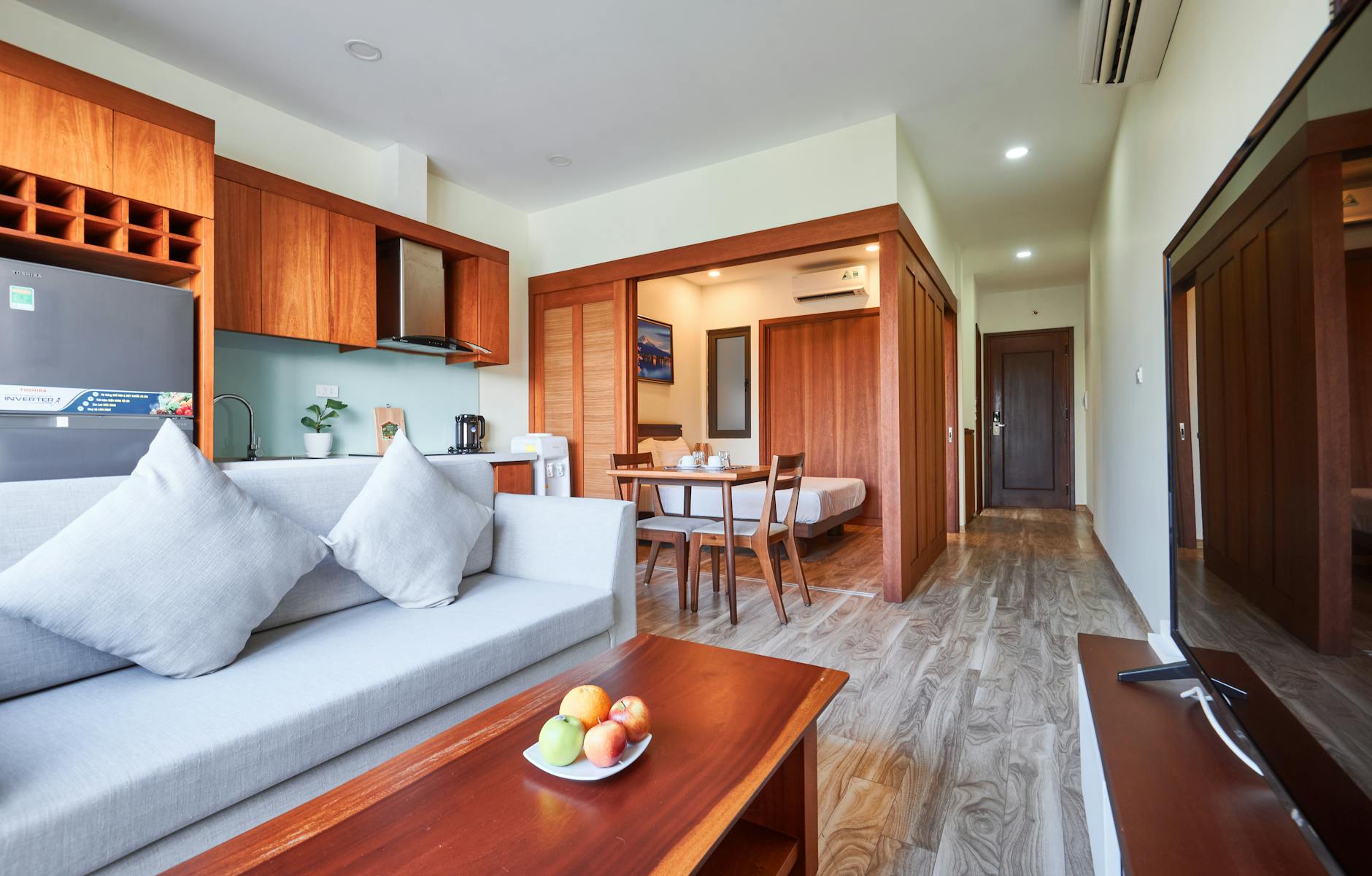 A bright one-bedroom apartment living room
