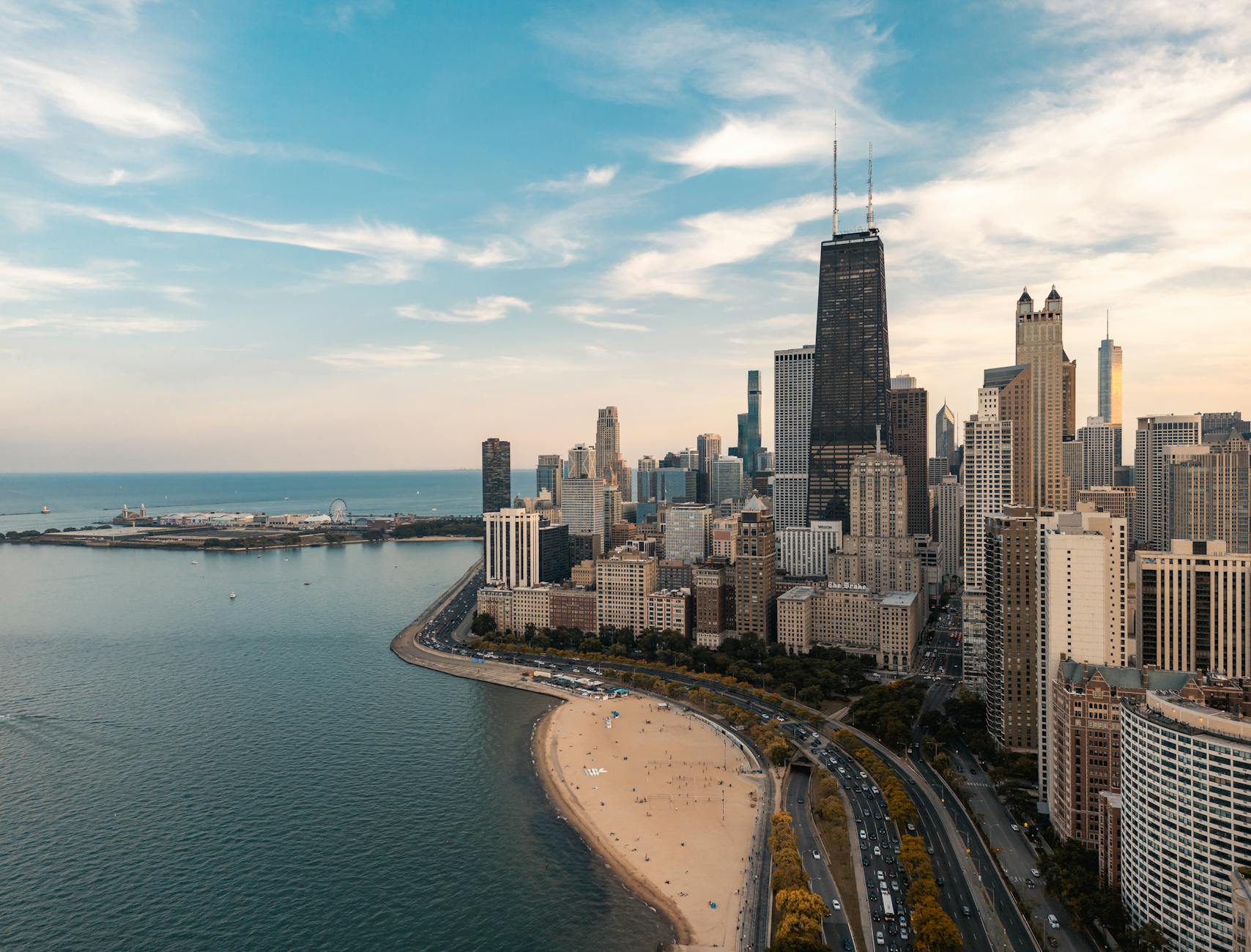 An aerial view of the Chicago skyline and beach along Lake Michigan