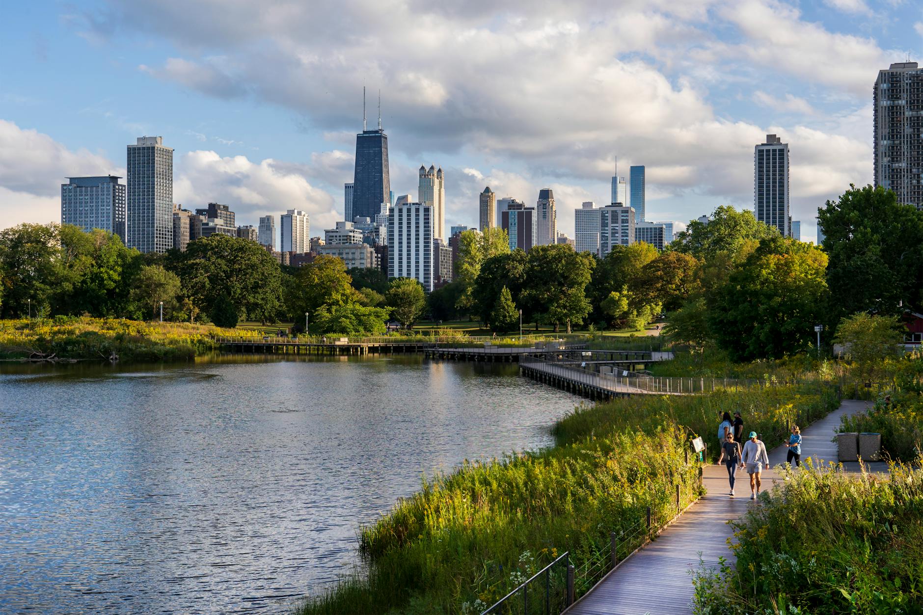 The Chicago skyline from the Lincoln Park lakefront on a sunny day