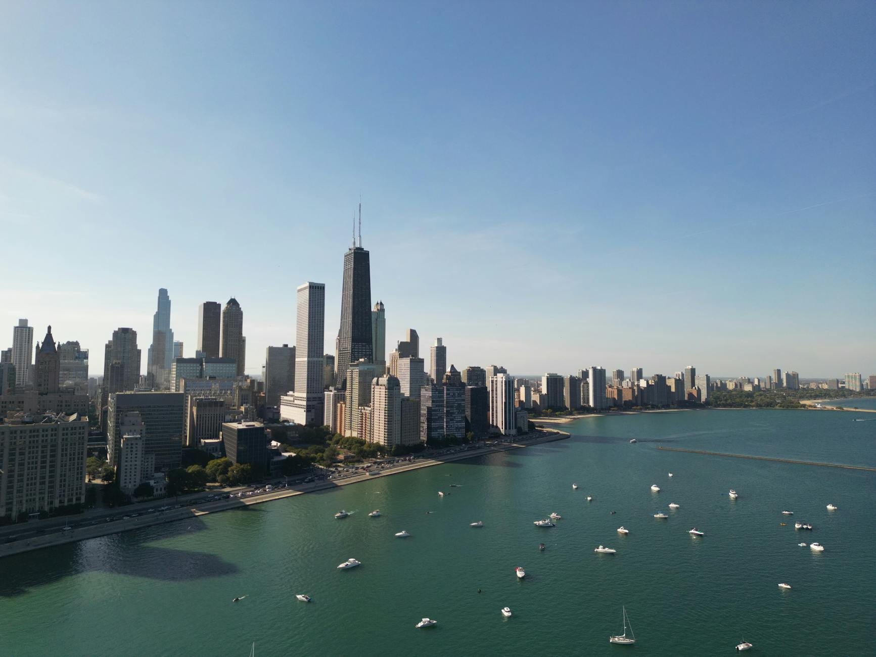 Aerial view of the Chicago skyline over Lake Michigan