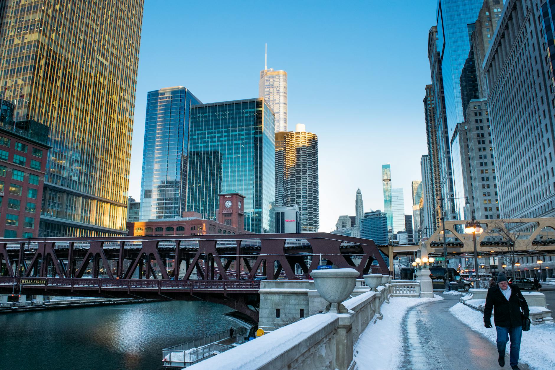 Downtown Chicago with snow and skyscrapers on a cold winter day