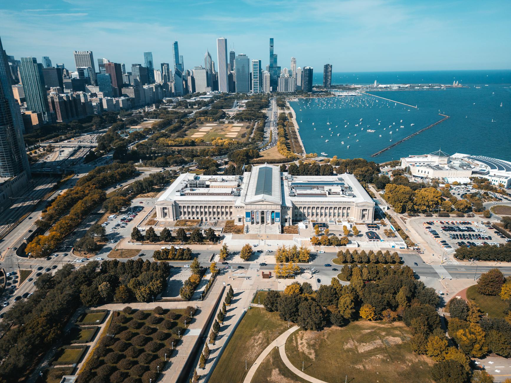 Aerial view of the Chicago skyline with the lakefront Museum Campus in the foreground