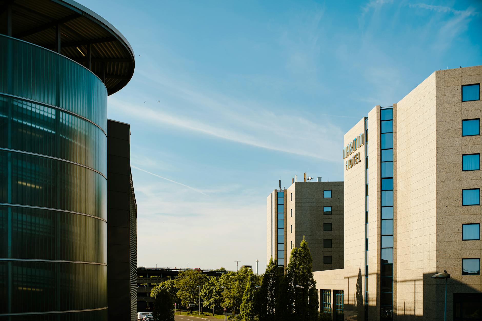 A contemporary medical-style building against a blue sky in the city