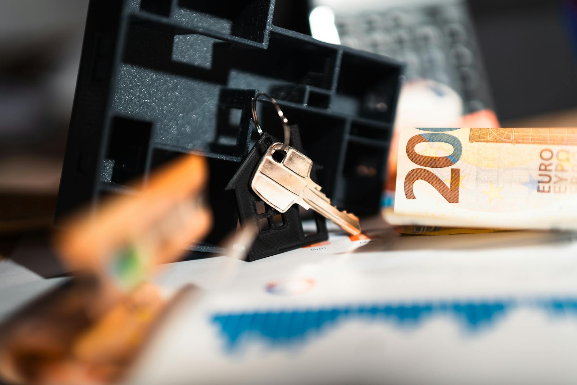 Apartment keys with a small house model on a desk