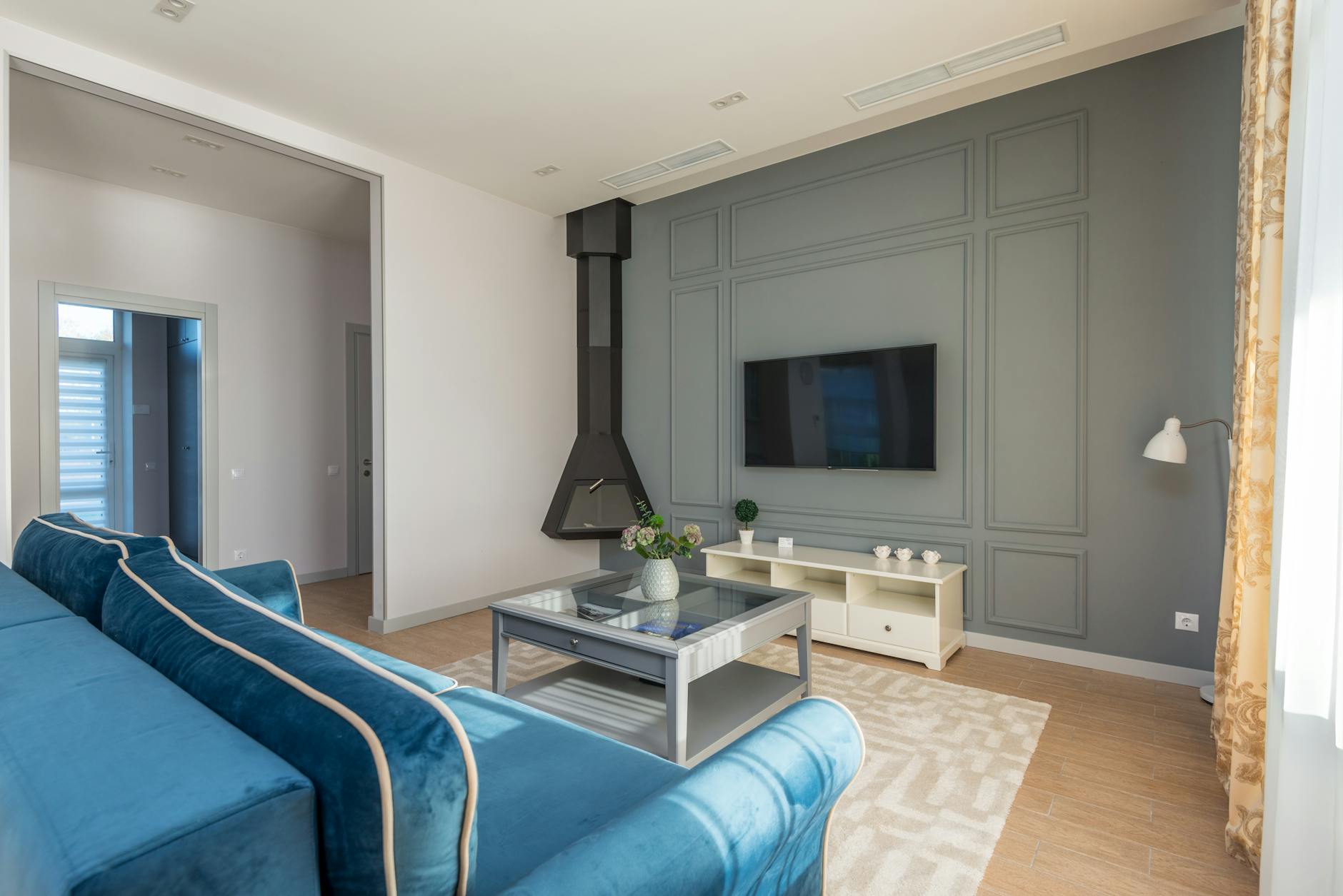 A stylish modern apartment living room with designer furnishings