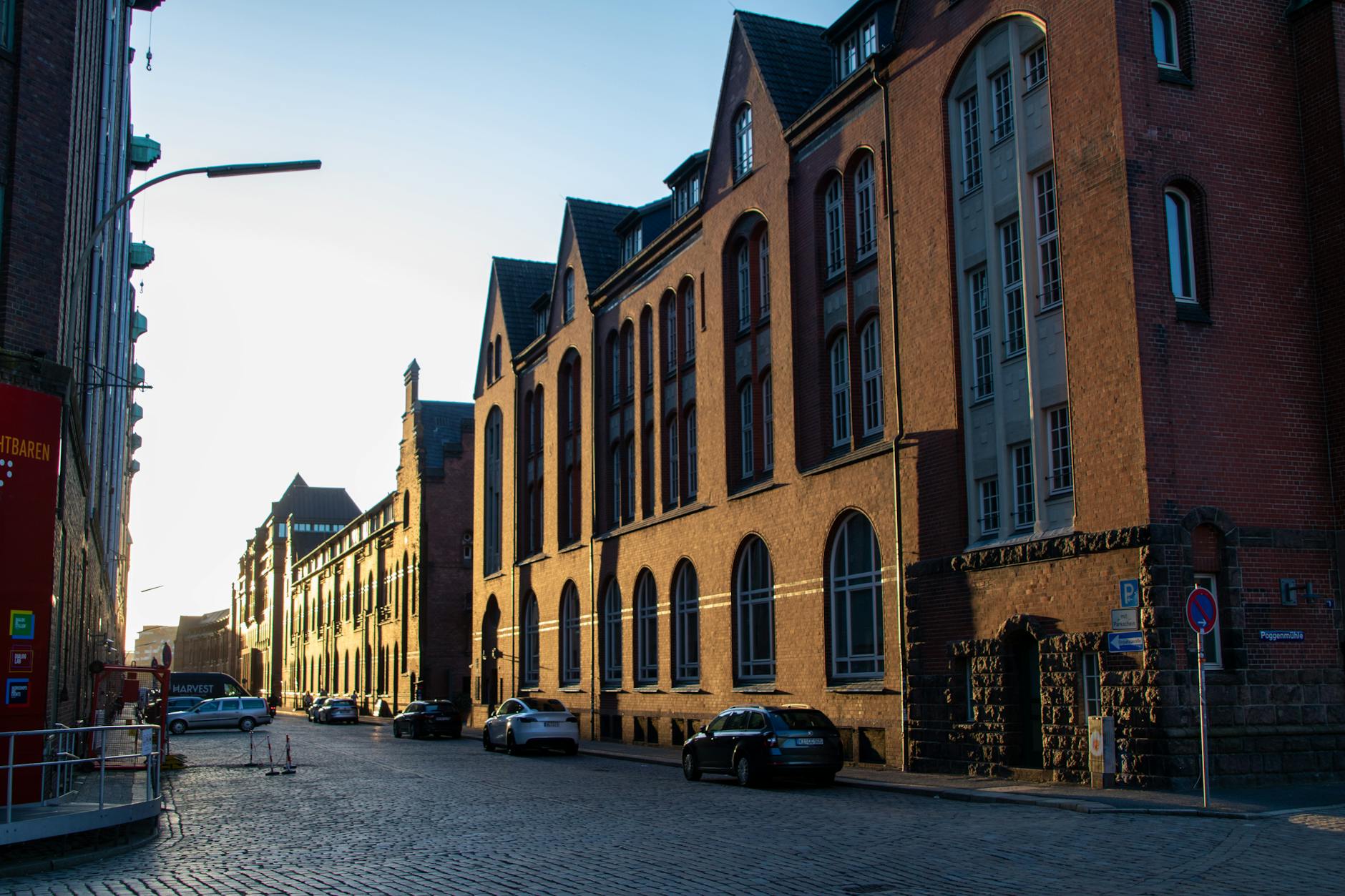 Evening view of a sunlit historic warehouse district
