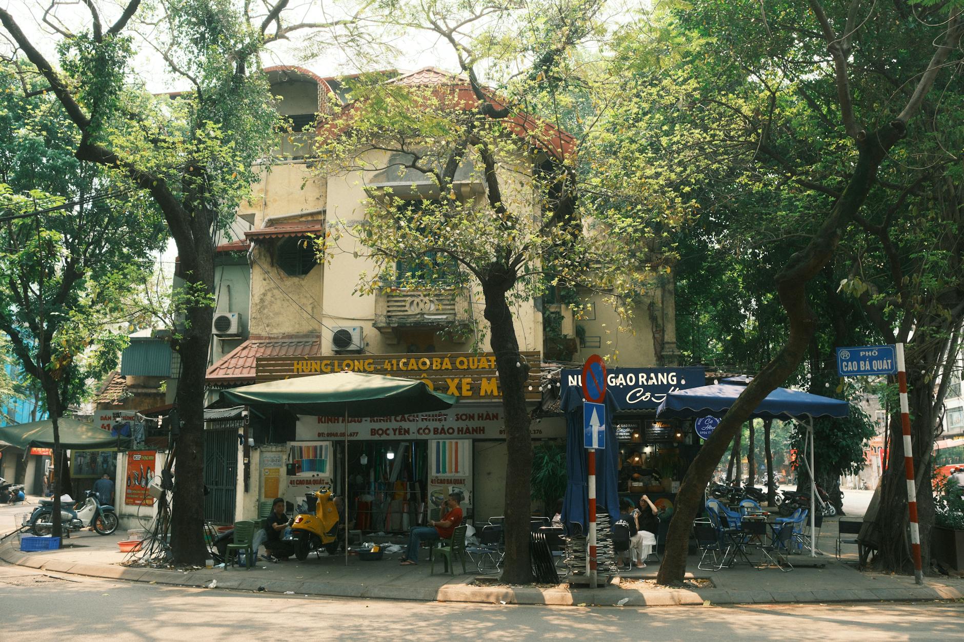 A vibrant city corner with shops and trees
