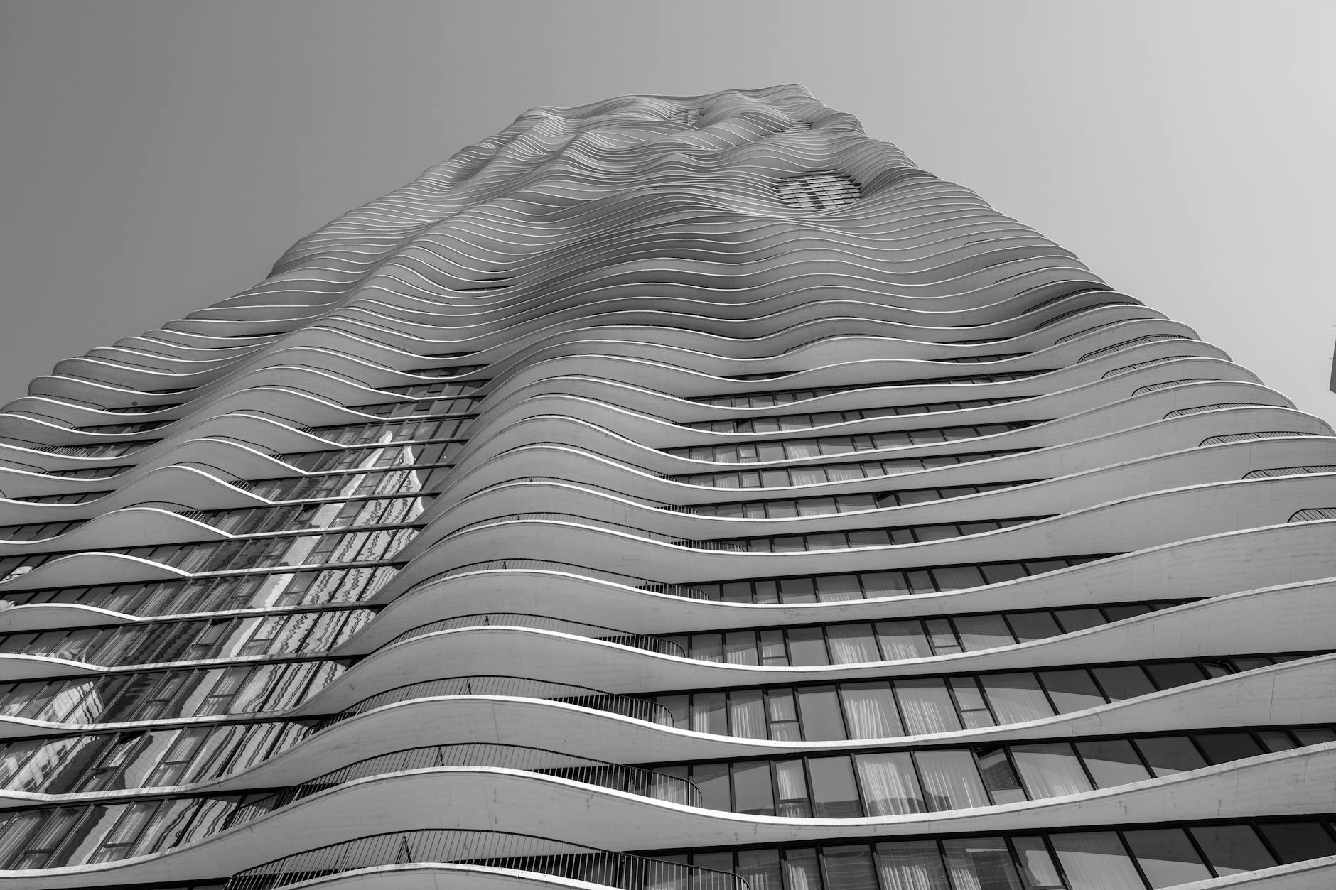 The wavy facade of a modern Chicago high-rise tower